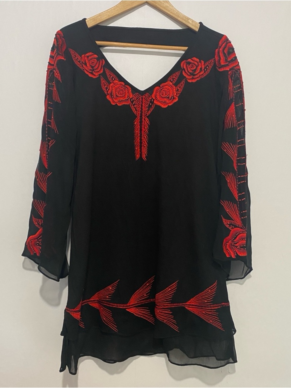 Vintage Collection Black Red Embroidered Tunic Top Beaded Small Gothic Artsy